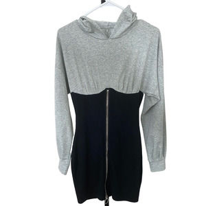 NWOT Fashion Nova Sweatshirt Hoodie Mini Dress Size Medium Woman Black Gray Zip